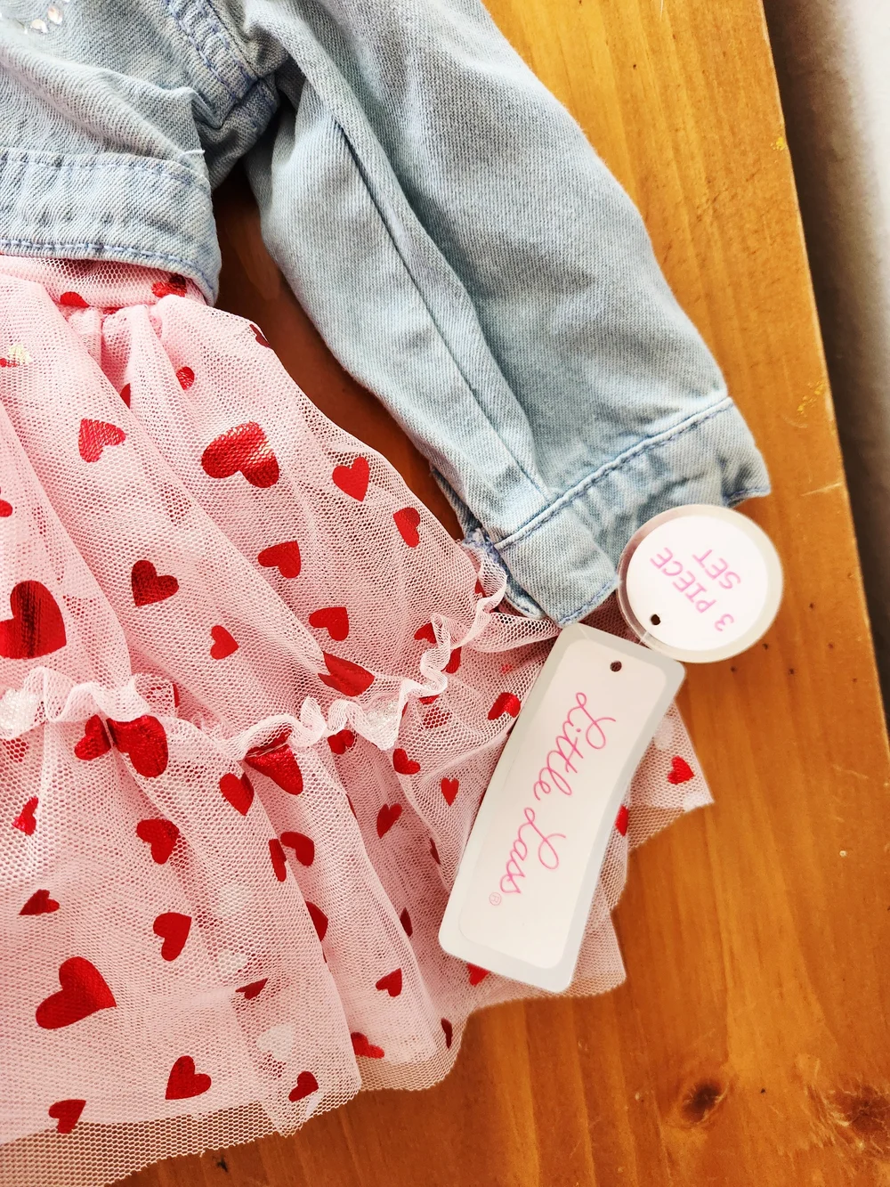 NWT Little Lass 3-6 Month Denim Jacket with Pink Heart Tulle Dress - Picture 5 of 6
